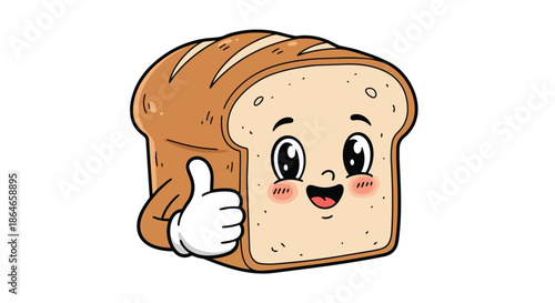 A delightful cartoon bread character joyfully displays a thumbs-up gesture on a pristine white backdrop. This happy food illustration radiates