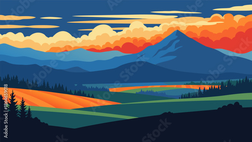 Vibrant landscape vector illustration showcasing rolling hills, fields, and distant mountains under a dramatic, colorful sky