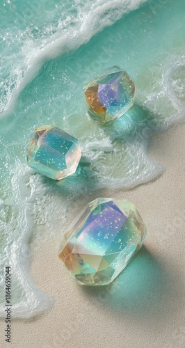 Ocean-Inspired Crystal Gems on Sandy Shore.