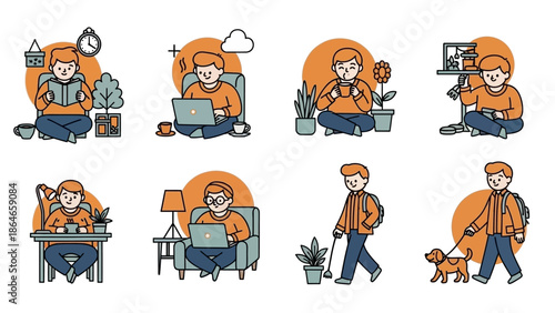 Collection of illustrations depicting a person engaged in various daily activities.