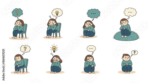 Collection of illustrations depicting a young girl in various states of thought and contemplation.