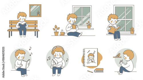Collection of illustrations depicting a young boy engaged in various quiet and contemplative activities.
