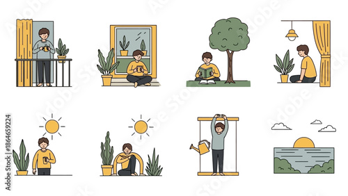 Collection of illustrations depicting people engaged in various calm and solitary activities.