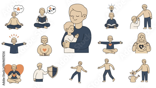 Collection of illustrations depicting people in various states of mindfulness and emotional well-being.
