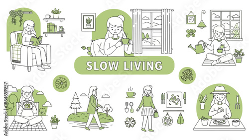 Collection of illustrations depicting people engaging in slow living activities.