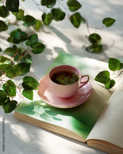 Pink Teacup on Open Book with Greenery.