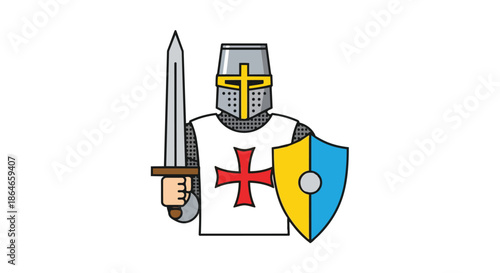Vibrant Vector Illustration of a Medieval Crusader Knight with Sword and Shield