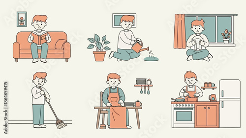 Collection of people doing various household chores and activities.