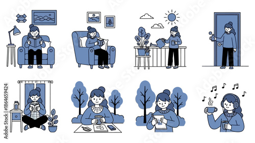 Collection of people engaged in various activities using electronic devices and enjoying leisure time indoors and outdoors.