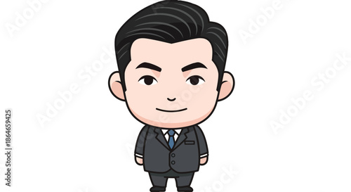 A charming cartoon illustration of a dapper male professional in a sharp dark suit with a blue tie, showcasing a friendly demeanor. Ideal for