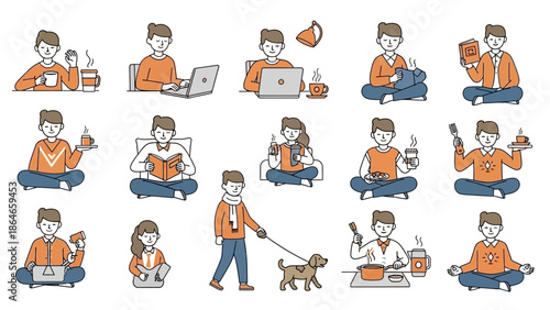 Collection of people engaged in various daily activities, including working, relaxing, and hobbies.