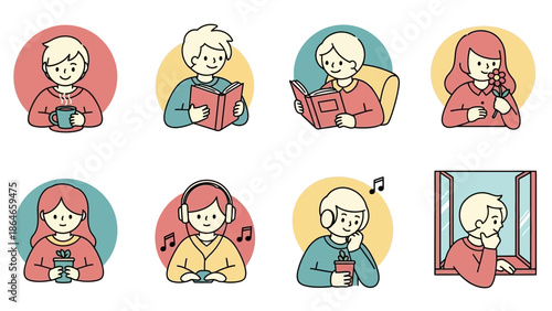 Collection of people engaged in various relaxing and contemplative activities.