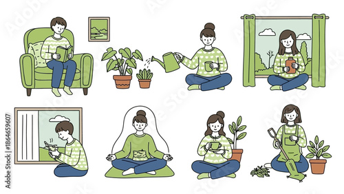 Collection of people engaging in various relaxing indoor activities with plants and pets.