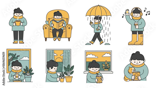 Collection of people enjoying various cozy autumn and winter activities indoors and outdoors.