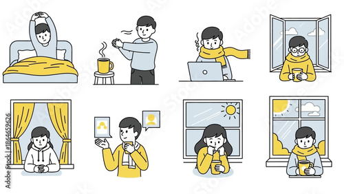 Collection of people experiencing cold weather and staying warm indoors.