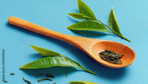 Wooden Spoon with Green Tea Leaves and Dried Tea.