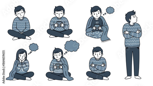 Collection of people in various poses and states of contemplation.