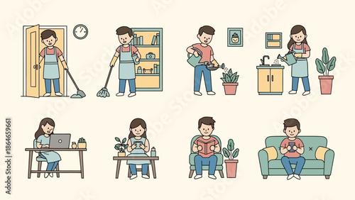 Collection of people performing various daily activities at home.