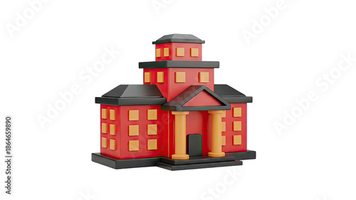 3D Red Building Icon with Columns
