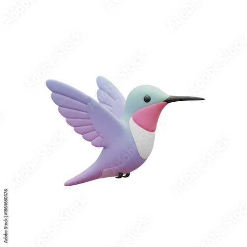 Vibrant hummingbird in flight with purple wings and pink throat