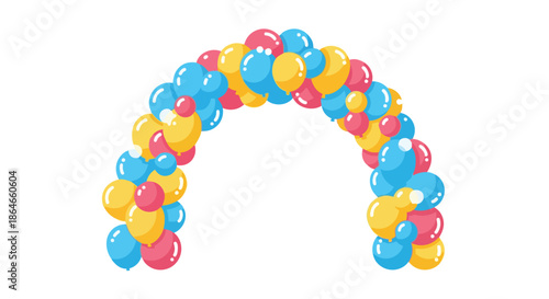 Colorful festive balloon arch featuring blue yellow and red helium balloons for joyous celebrations events and welcoming guests with a truly happy