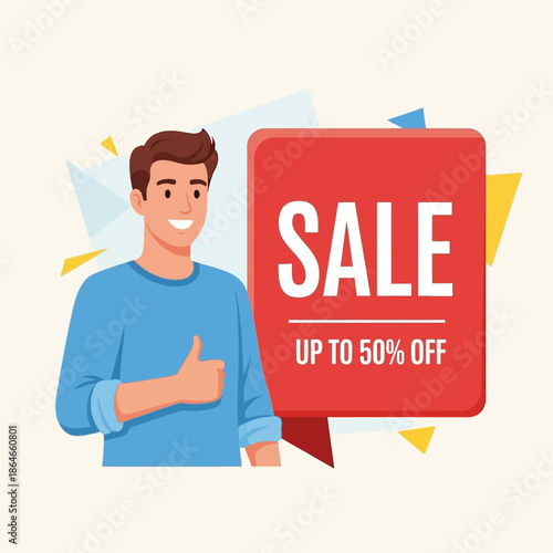 Happy Man Giving Thumbs Up Near Red Sale Sign with 50% Off Discount