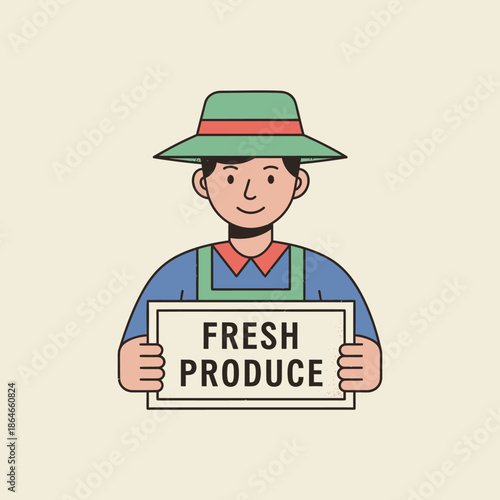 Farmer Holding Fresh Produce Sign - Flat Illustration