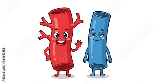 Illustrative cartoon representation of human circulatory system vessels vibrant red artery and serene blue vein characters symbolizing essential