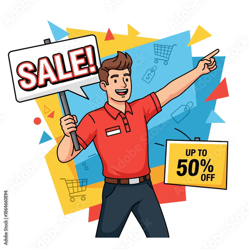 Happy Man Holding Sale Sign, Pointing to Up to 50% Off Discount, Shopping Cart Icons