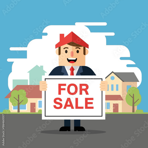 Happy Real Estate Agent Holding For Sale Sign with Houses Background