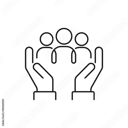 People group save thin line black and white icon, inclusion social equity, community care icon. Editable flat stroke vector icon.