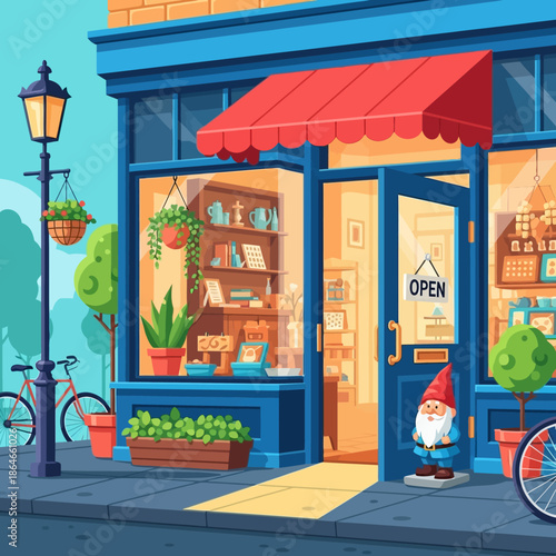 Charming Village Shop Exterior with Gnome and Open Sign