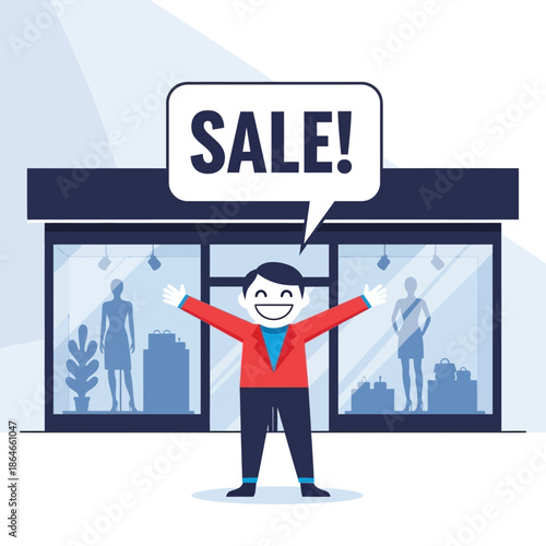 Excited Man Announcing Sale Outside Modern Storefront with Mannequins and Shopping Bags