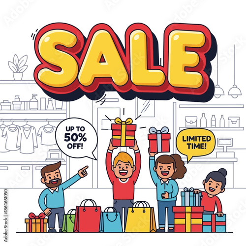 Happy Shoppers Celebrating Big Sale Event with Gifts and Shopping Bags