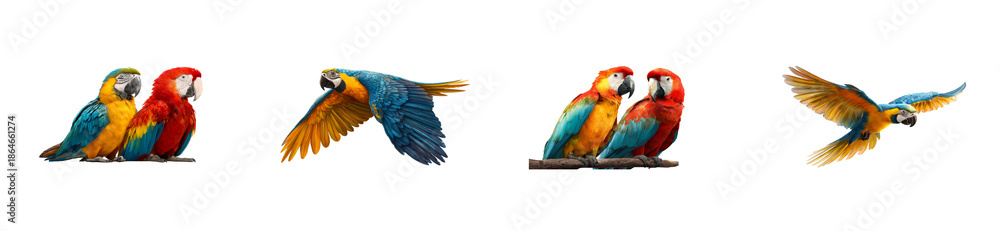 Fototapeta premium Vibrant macaws showcasing their magnificent plumage and dynamic movements, perfect for exotic wildlife promotions, tropical travel brochures, or nature education content.