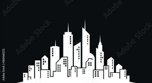 Dynamic monochrome urban skyline illustration showcasing a vibrant city silhouette against a stark background