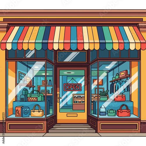 Colorful Cartoon Storefront with Open Sign and Handbags Displayed
