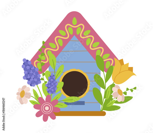 Vector illustration of a charming birdhouse adorned with vibrant flowers. The design features a mix of colorful blossoms, adding a lively touch to this decorative element.