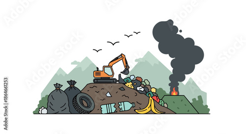 Environmental degradation at a landfill site depicting an excavator processing diverse refuse, with significant open burning causing atmospheric