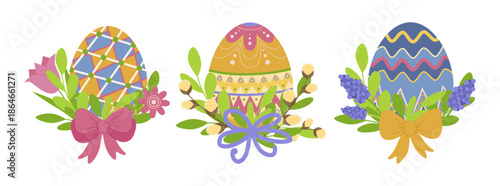 Colorful Easter eggs decorated with intricate patterns and surrounded by vibrant floral arrangements. Includes pink, yellow, and blue eggs with bows and blossoms. Vector illustration.