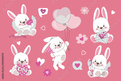 Adorable bunnies holding heart-shaped balloons and love symbols, depicted in a playful and charming vector illustration. Perfect for romantic and whimsical designs.