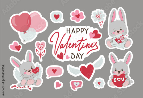 Cute Valentine s Day vector illustration a collection of love stickers featuring adorable bunnies with heart elements, balloons, and love messages. Perfect for romantic greeting cards and festive desi