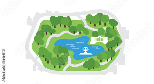 Stylized map of a vibrant park: lush trees, winding paths, serene pond with fountain, elegant white building. Ideal for urban planning, leisure,