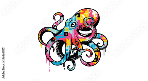 Vibrant graffiti-inspired octopus illustration bursting with energetic abstract patterns and dynamic colors, a modern artistic interpretation of
