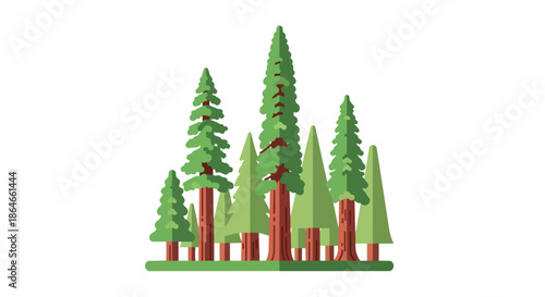 A vibrant flat design illustration showcases a diverse collection of green trees, featuring varying heights and foliage styles, grounded on a simple
