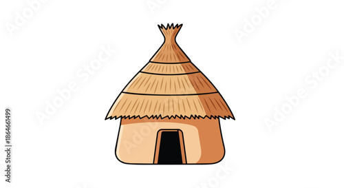Simple charming cartoon illustration of a traditional African hut with a distinctive thatched roof and natural earth-toned walls