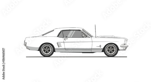 Detailed line art illustration of a timeless American classic muscle car, showcasing its iconic vintage coupe profile with precision and clean