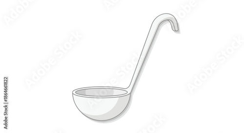 A clean white kitchen ladle, a classic culinary tool for serving soups and sauces, elegantly depicted as a minimalist graphic on a plain background,