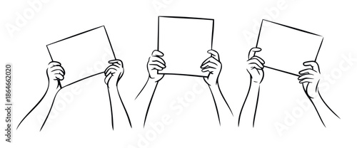 Dynamic graphic showing multiple hands raised high, presenting empty rectangular signs ready for custom text or impactful messages, suitable for diverse communication and marketing needs