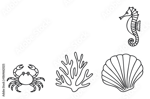A collection of simple outline drawings of various marine creatures and elements perfect for childrens coloring books educational materials and ocean themed projects